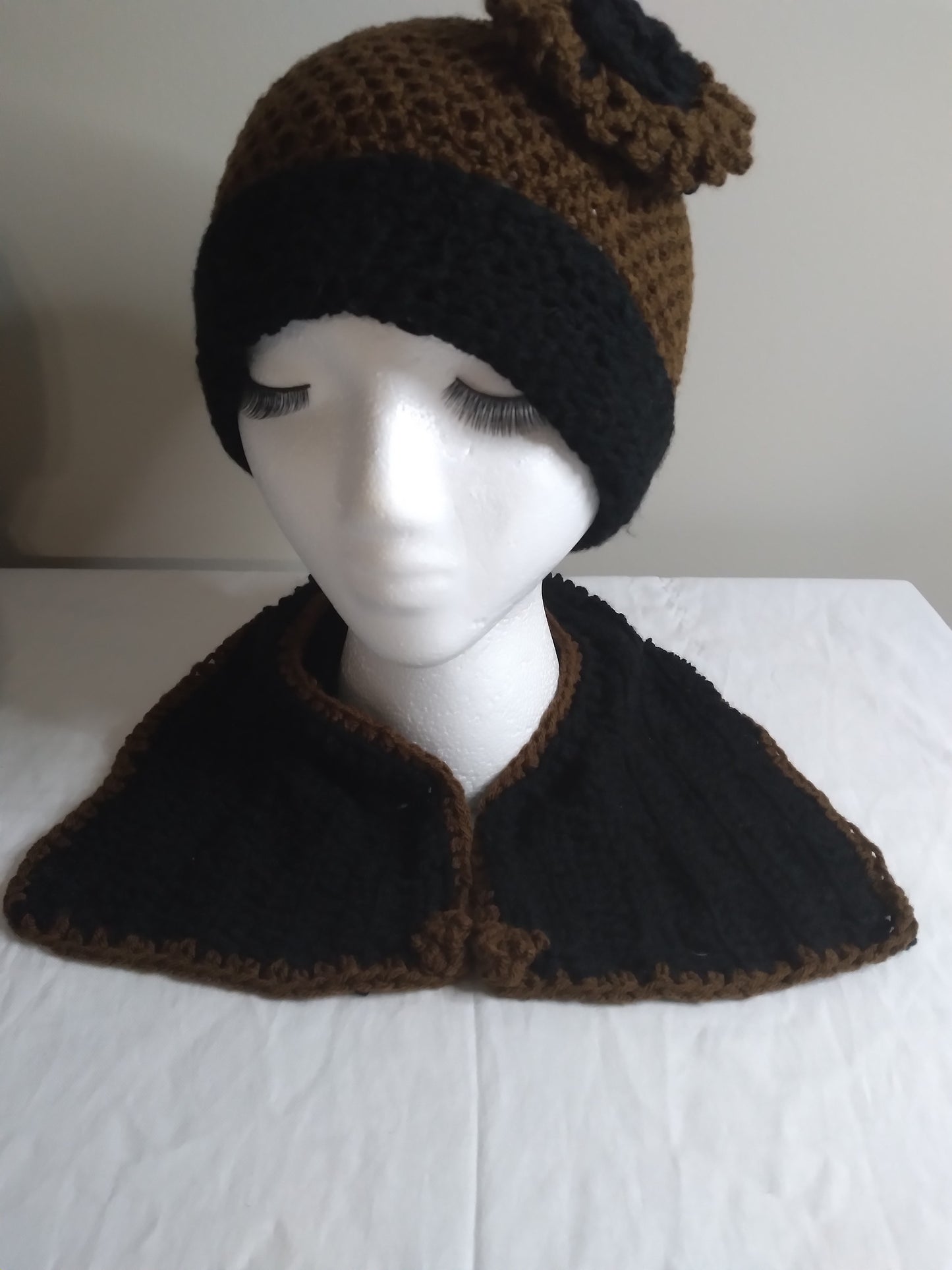 Handmade Brown and Black Hat and Scraf Set